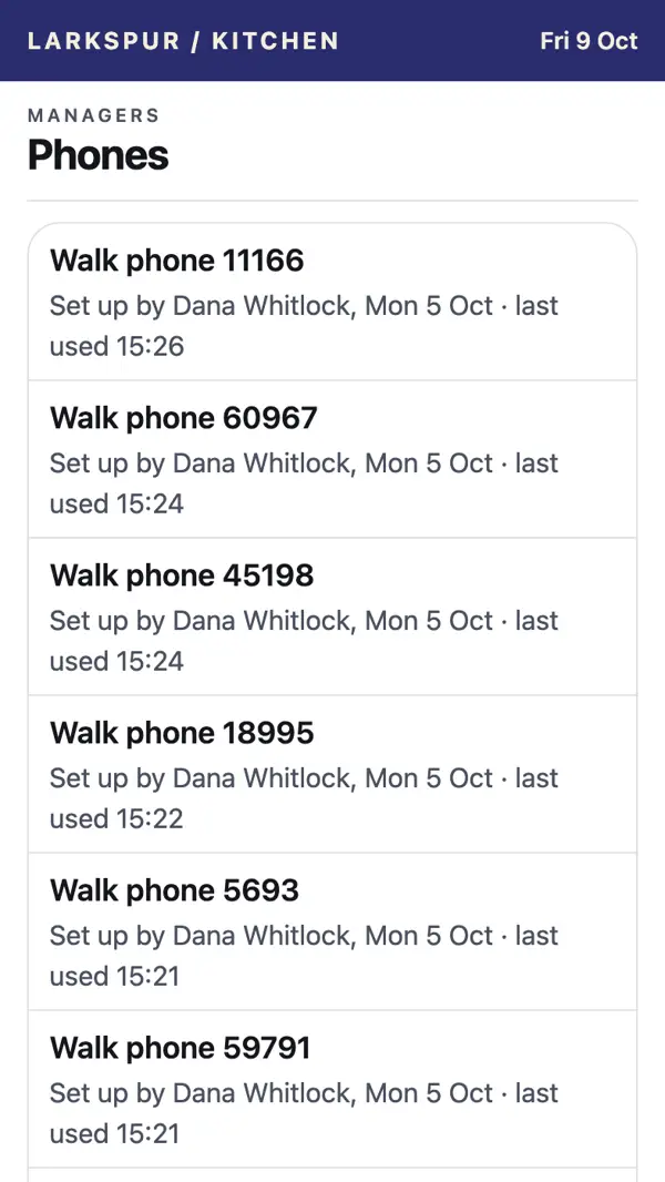 Larkspur on a phone: the managers' list of kitchen phones, who set each one up and when it was last used