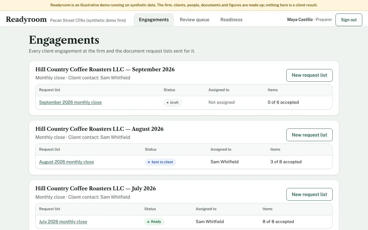 Readyroom: a firm's client engagements, each with its document request list, status and how many items are accepted