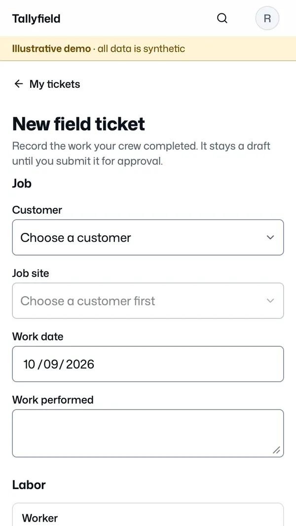 Tallyfield on a phone: a technician starting a new field ticket with customer, job site, work date and work performed